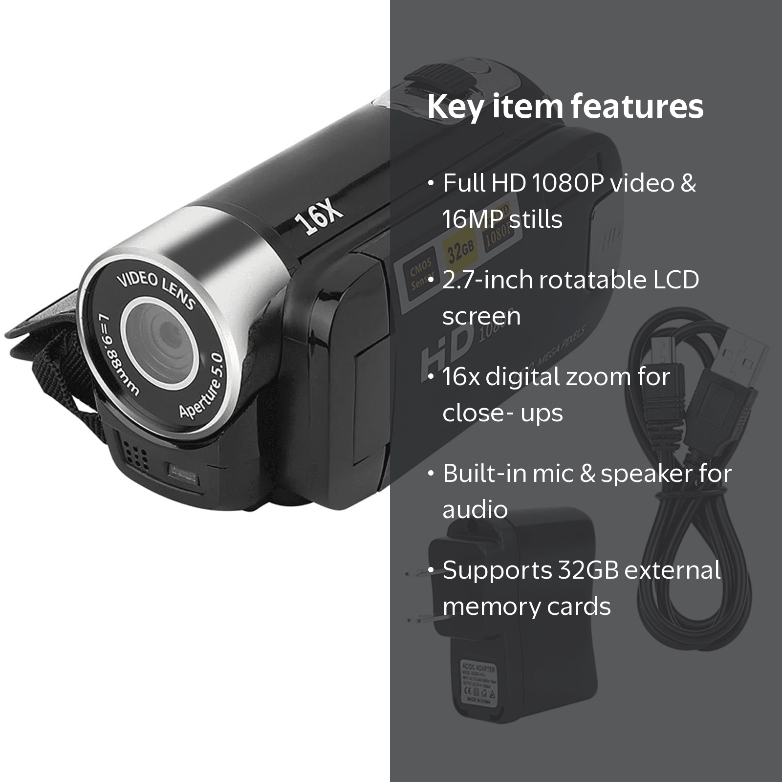Yuehuam, Full HD 1080P Digital Video Camera, 16MP, 2.7 in, Black
