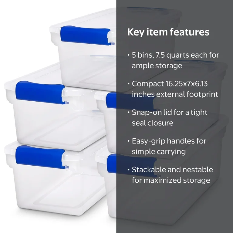 クリアブルー　ClearBlue セット Homz, Plastic Storage Container, 7.5qt, Set of 5 Clear/Blue