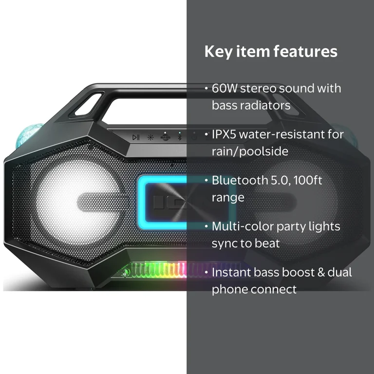 ION Audio Party Rocker Go HighPower Boombox Portable Bluetooth