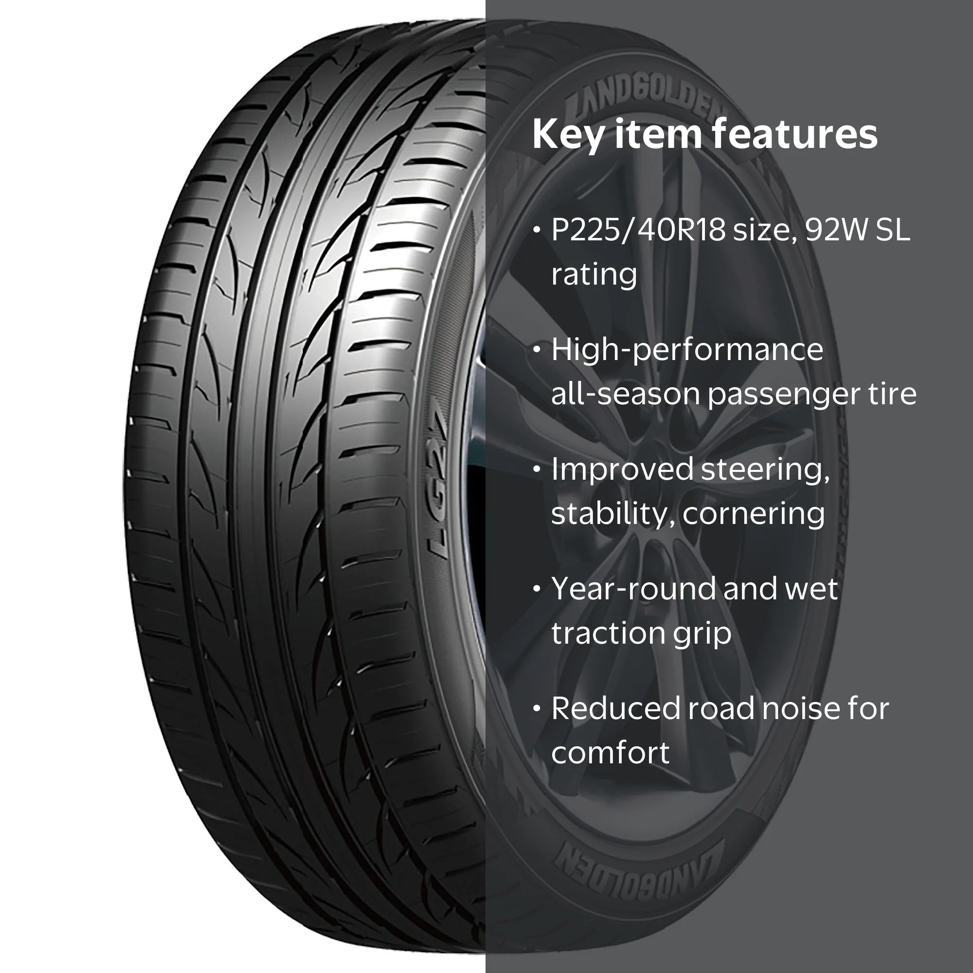 Landgolden, Passenger Tire, P225/40R18 92W, All-Season Traction