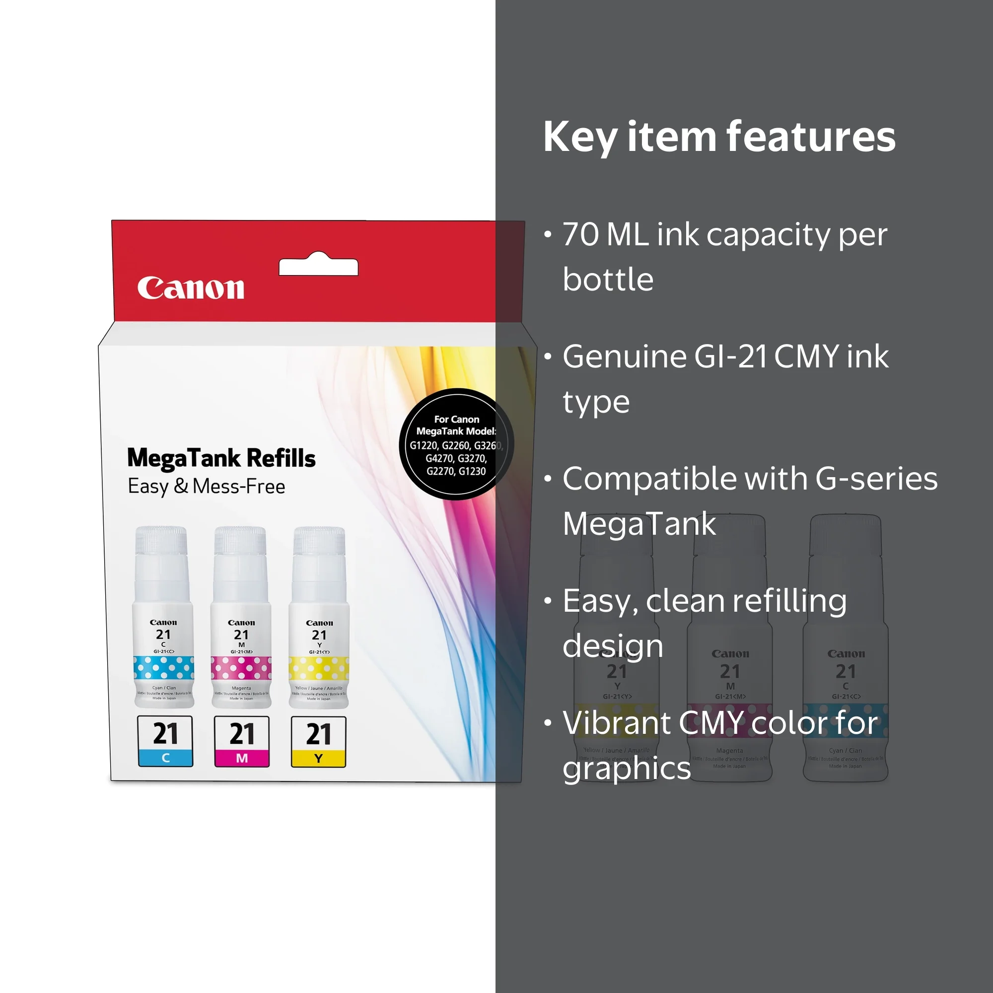 Canon GI-21 CMY Ink Bottle Combo Pack - Cyan/Magenta/Yellow