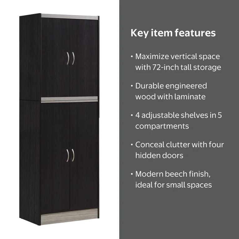 Hodedah 4-Door Kitchen Pantry with 4-Shelves, Beech - Walmart.com