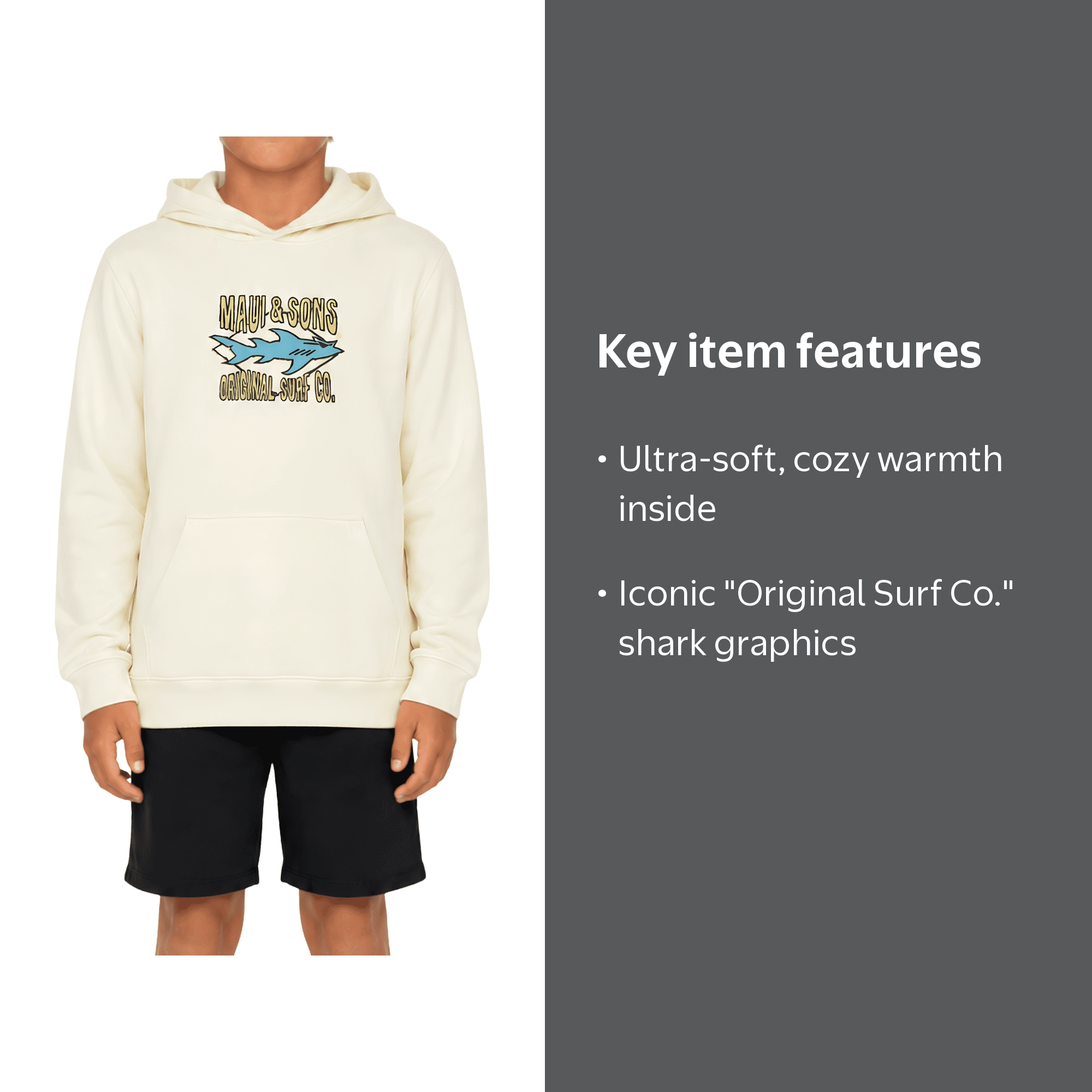 Maui and Sons Boys Shark Surf Fleece Pullover Hoodie Double Sided