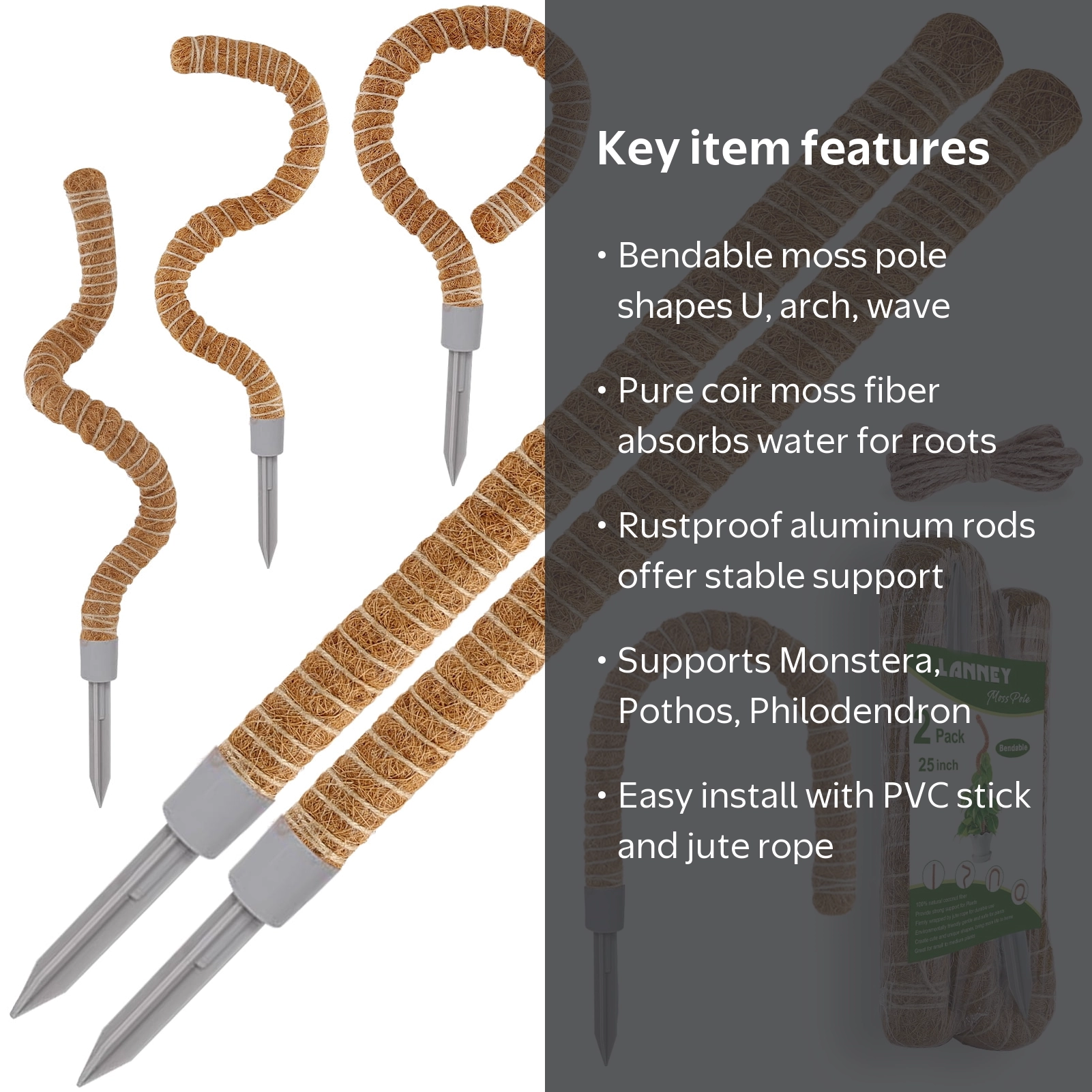 2 Pack 25 Inch Bendable Moss Pole for Indoor Plant Support