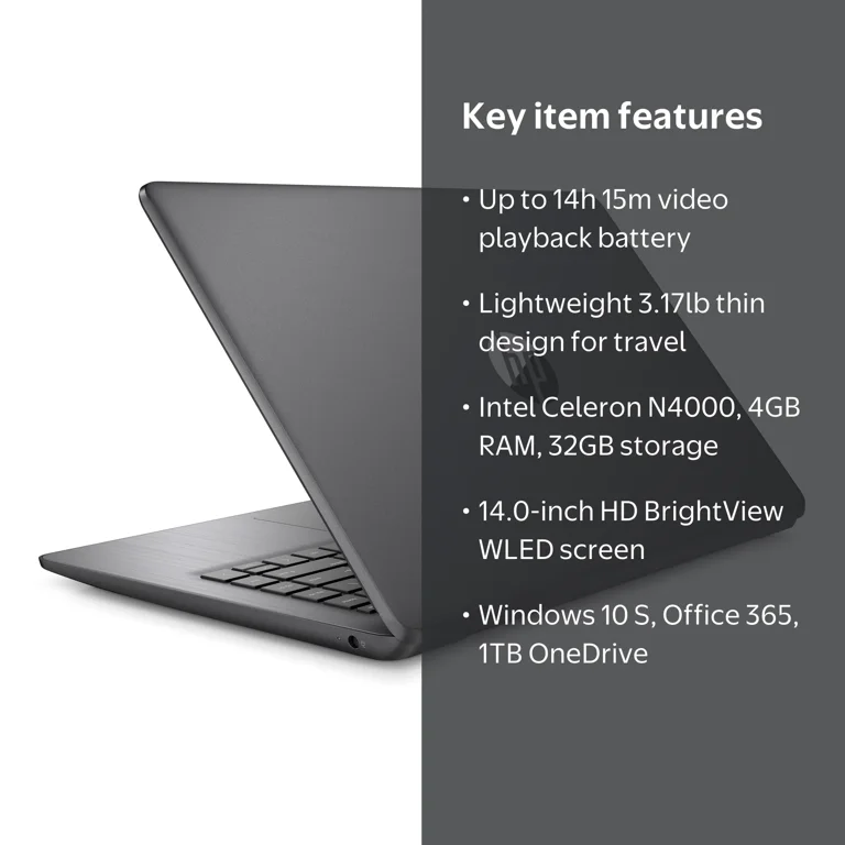 HP, Stream 14 Laptop, Intel Celeron N4000, 4GB SDRAM, 32GB eMMC