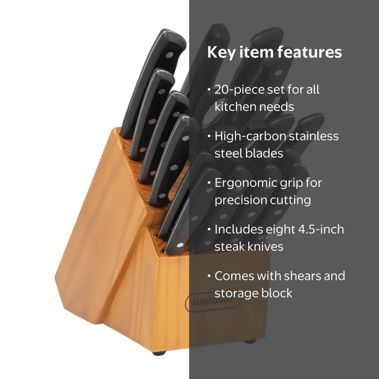 Farberware, Kitchen Knife Set, 20 Piece, Black stainless steel