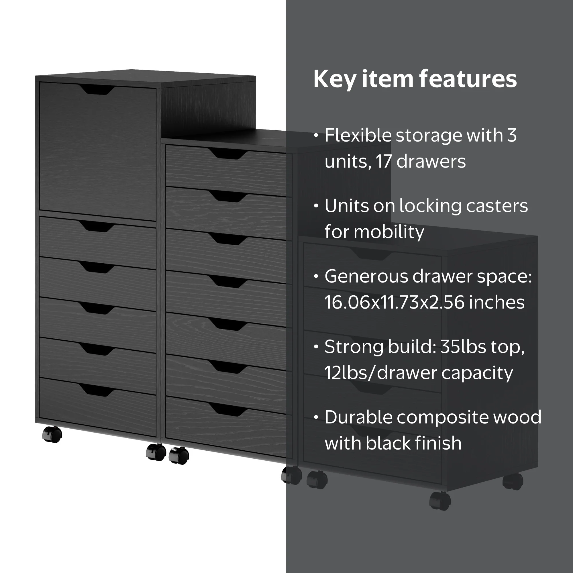 Winsome Halifax 3-Pc Multi-Drawer Storage Cabinet Set 20395, Black