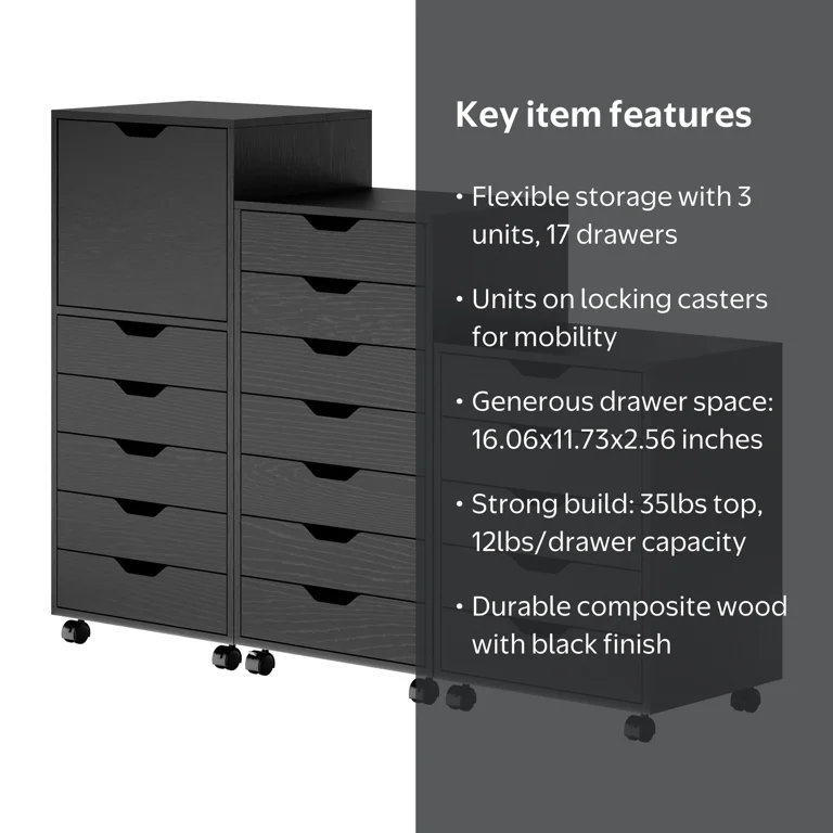 Winsome Halifax 3-Pc Multi-Drawer Storage Cabinet Set 20395, Black