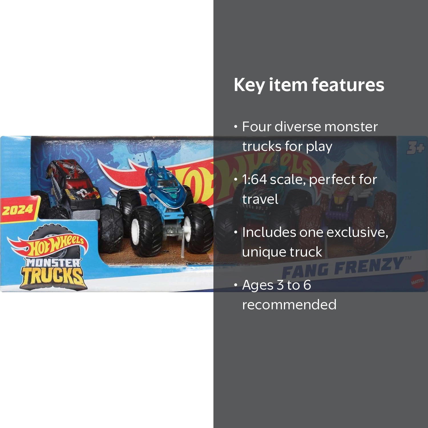 Mattel, Hot Wheels Monster Trucks Fang Frenzy, 4-Pack, Multicolor