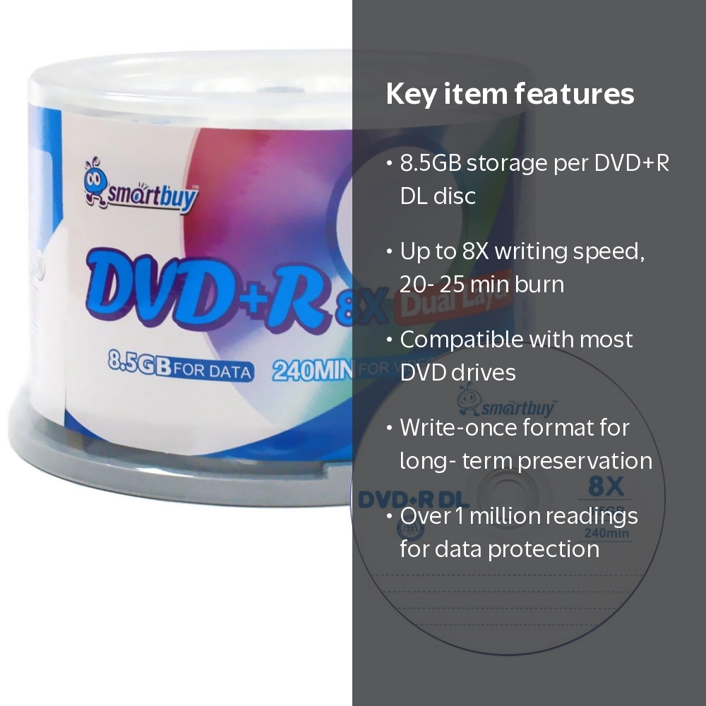 Smart Buy, DVD, 8.5GB DVD+R DL Double Layer, 8X, 50 Pack - Walmart.com