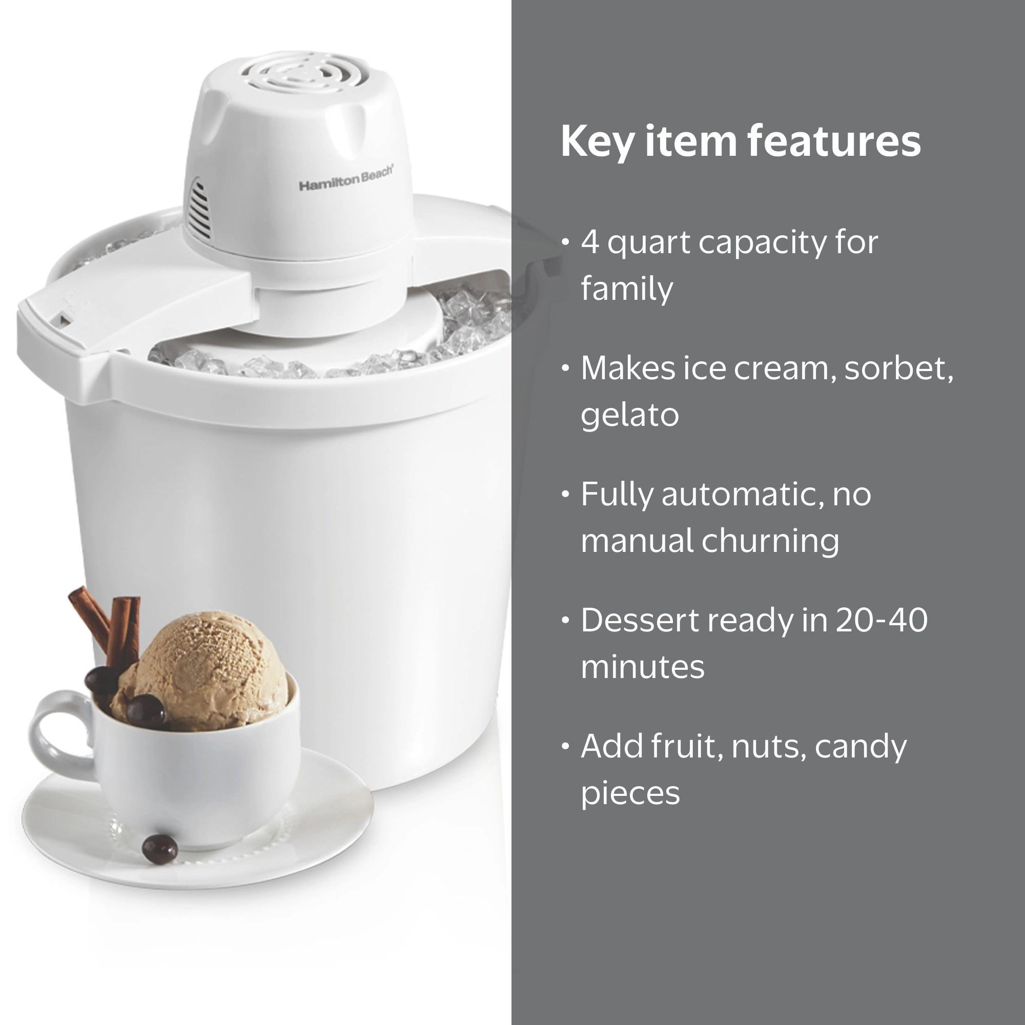 Hamilton Beach アイスクリームメーカー ホワイト Hamilton Beach, Electric Ice Cream Maker, 4 Quart Capacity, White