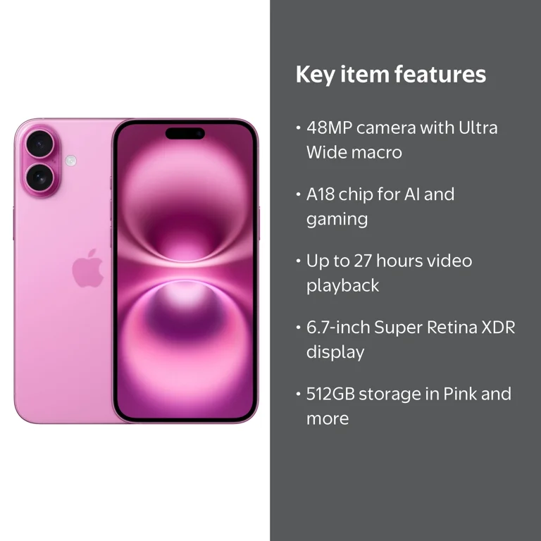 T-Mobile iPhone 16 Plus 512GB Pink. Apple Intelligence. - Walmart.com