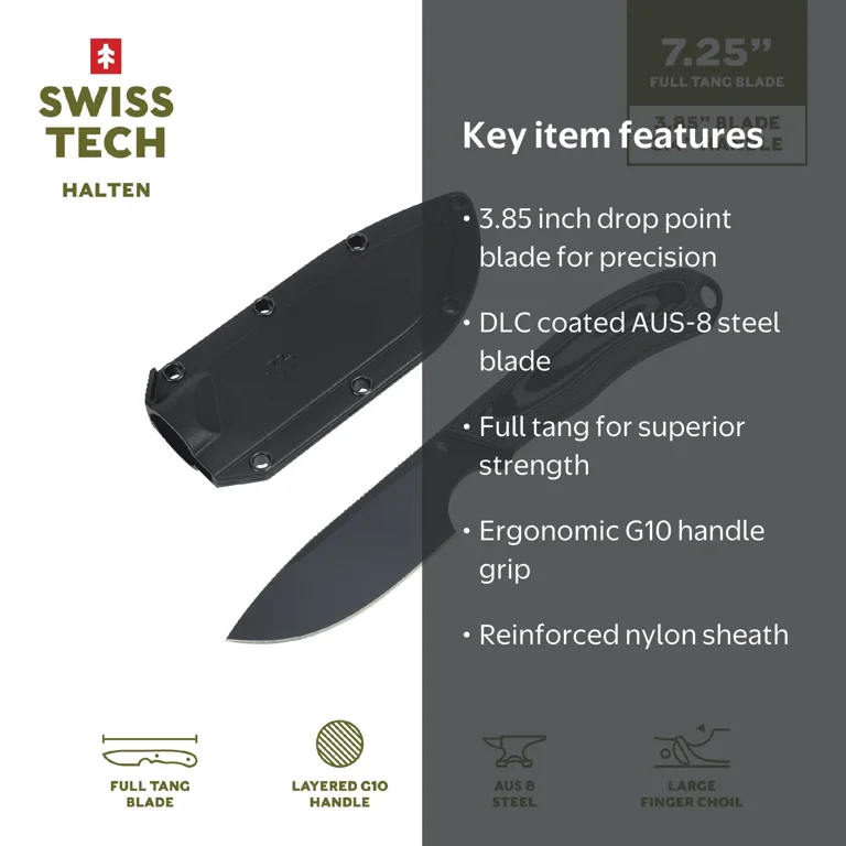 Swiss Tech Halten Fixed Blade, AUS-8, G10 Handle, Full Tang, 3.85