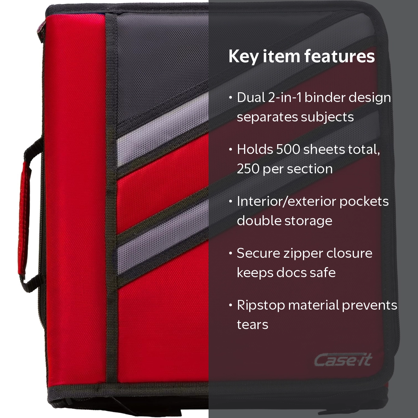 Case-it Z-Binder Two-in-One 1.5-Inch D-Ring Zipper Binder, Red