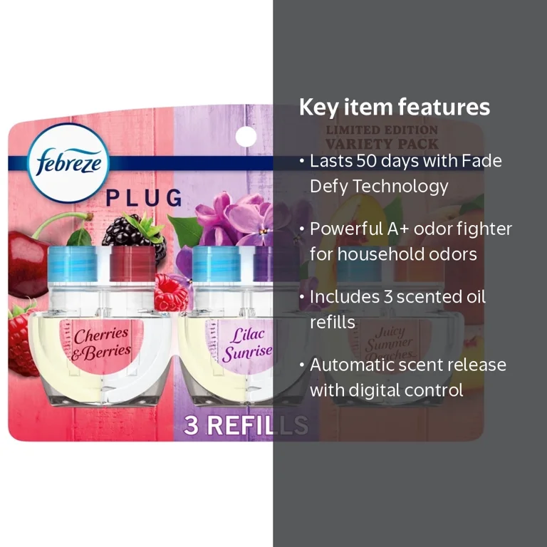 Febreze Plug In Air Freshener, Odor-Fighting Scented Oil Refill, Spring Scent Mix, 3 Refills