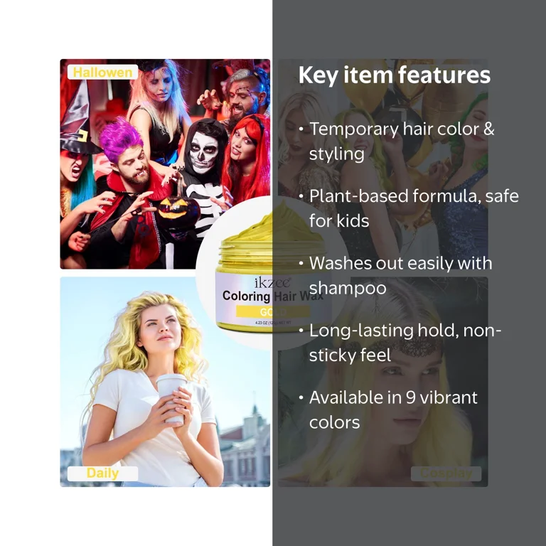 ikzee Coloring Hair Wax, Gold - Hair Styling Clay Washable