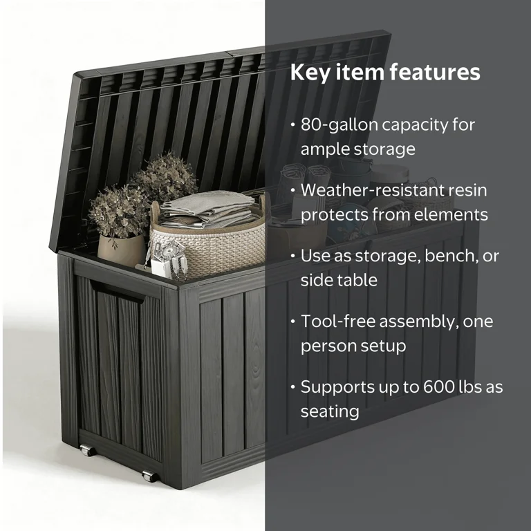 Easy Up, OUTDOOR CONTAINER, 80 gal, Black Waterproof Patio Storage Box