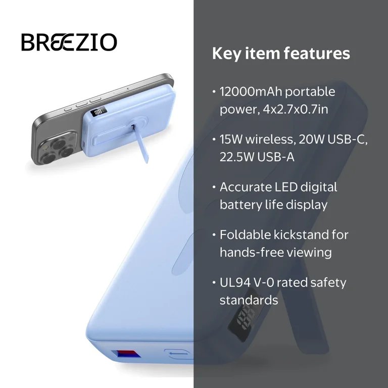 Breezio, Magnetic Wireless Portable Charger, 12000mAh, Blue