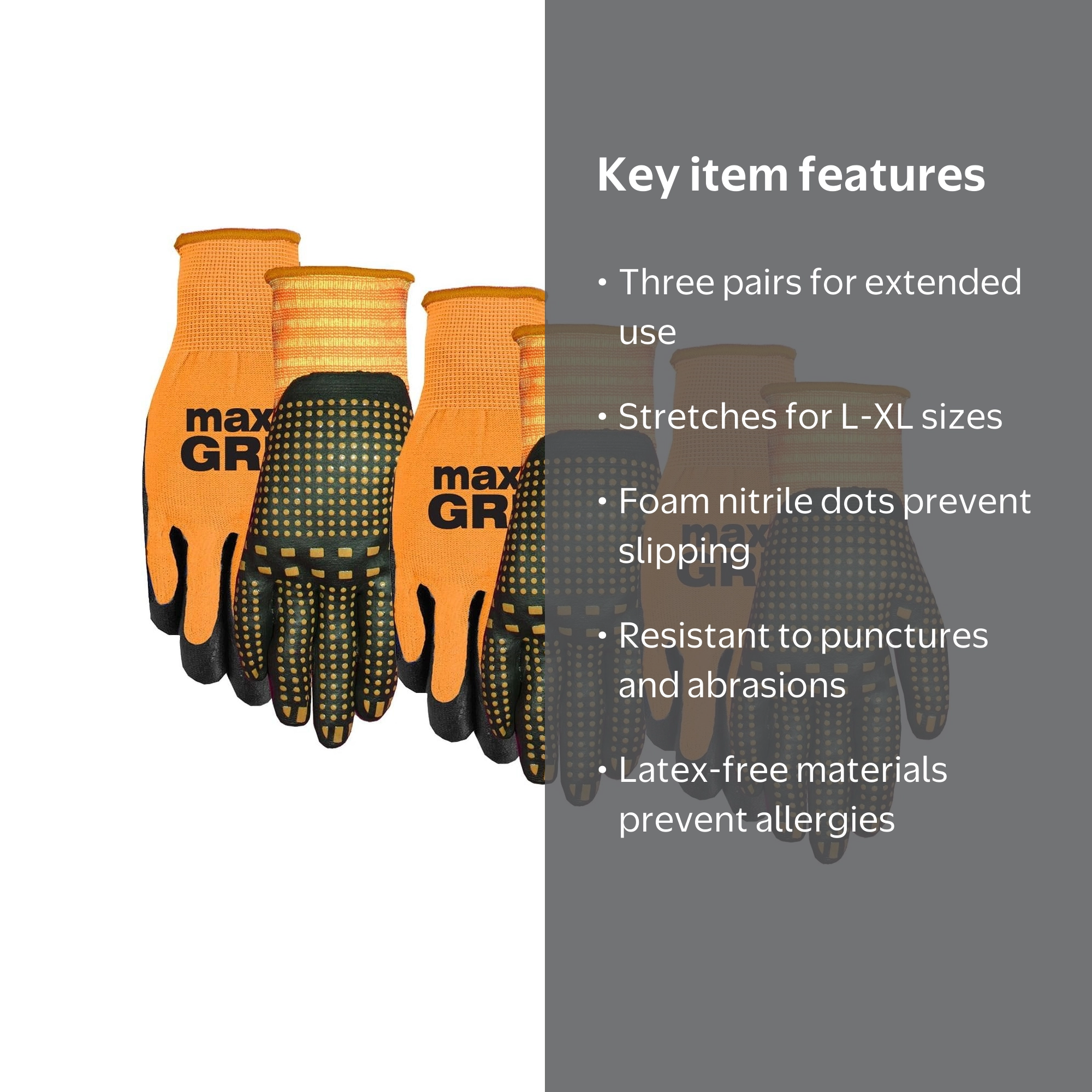 MidWest Gloves & Gear 94P03-L-AZ-6 Max Grip, 3 Pair Pack, Mens