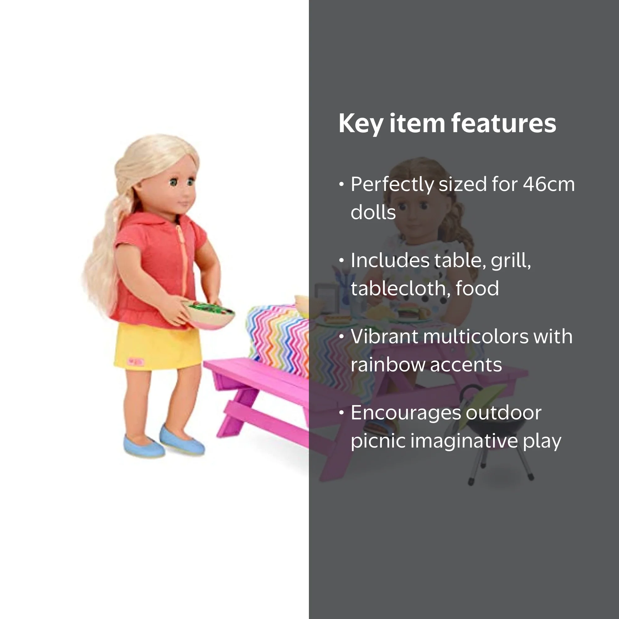 Our Generation Pink Picnic Table Set for Dolls, BBQ Grill, Summer