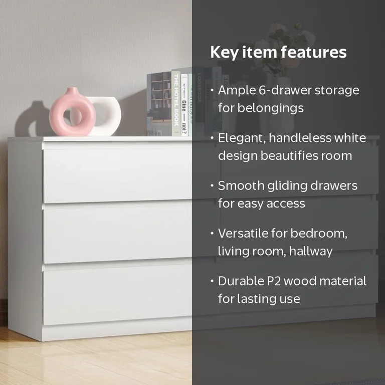 Ktaxon 6 Drawer Double Dresser, Wood Storage Cabinet, White Chest