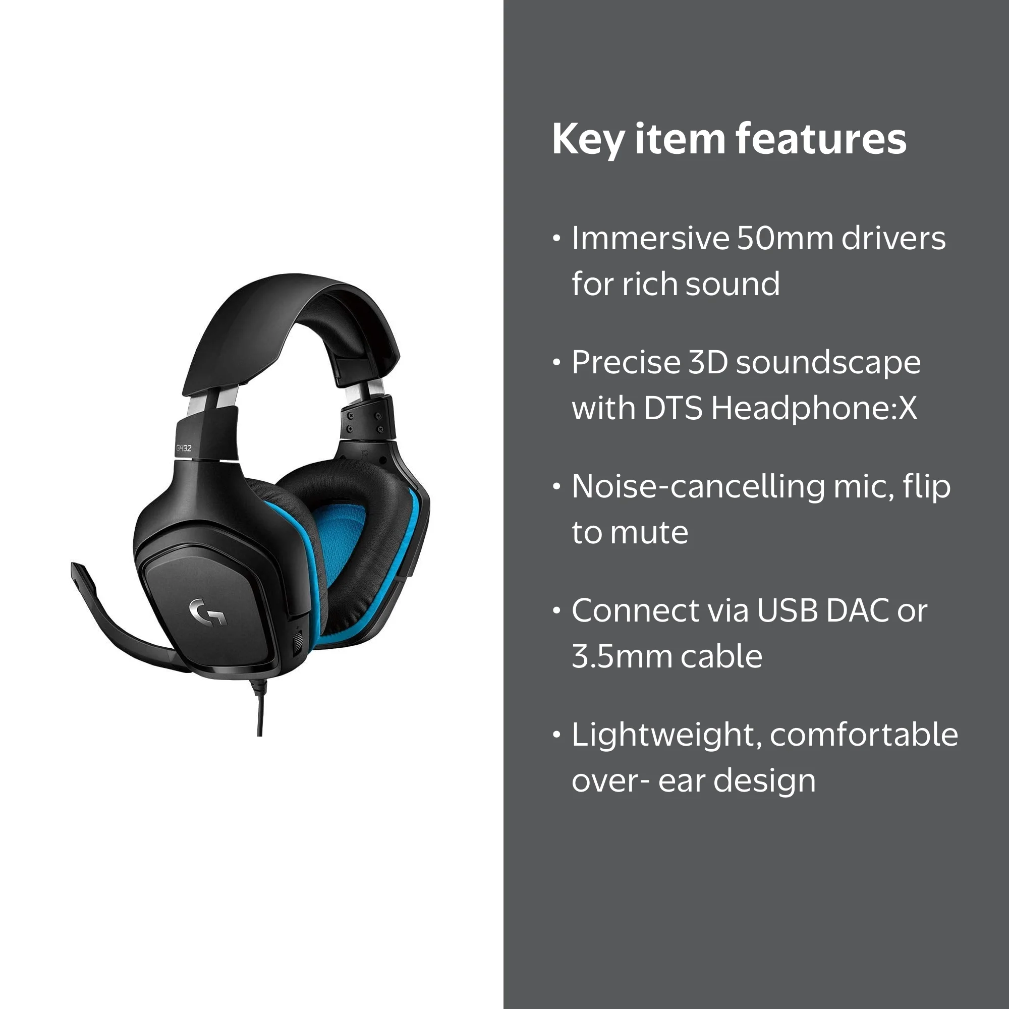 Logitech G432 7.1 Channel Wired Gaming Headset, Blue - New Open