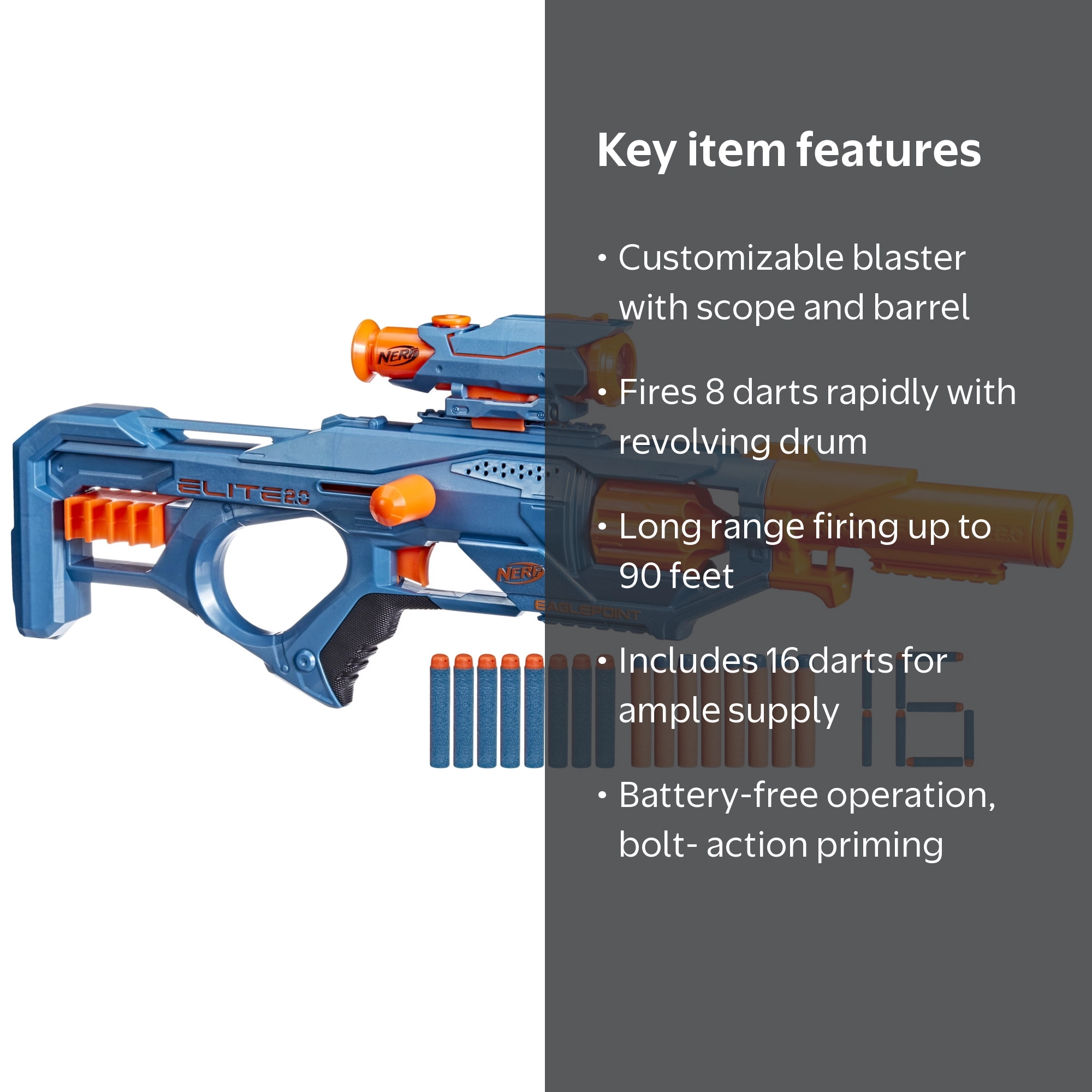Nerf, Elite 2.0 Eaglepoint RD-8 Dart Blaster, 8-Dart Drum, 16 Nerf