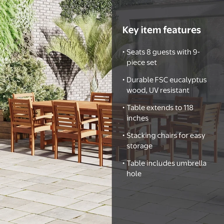 Amazonia Brooks 9-Piece Eucalyptus Extendable Rectangular Patio