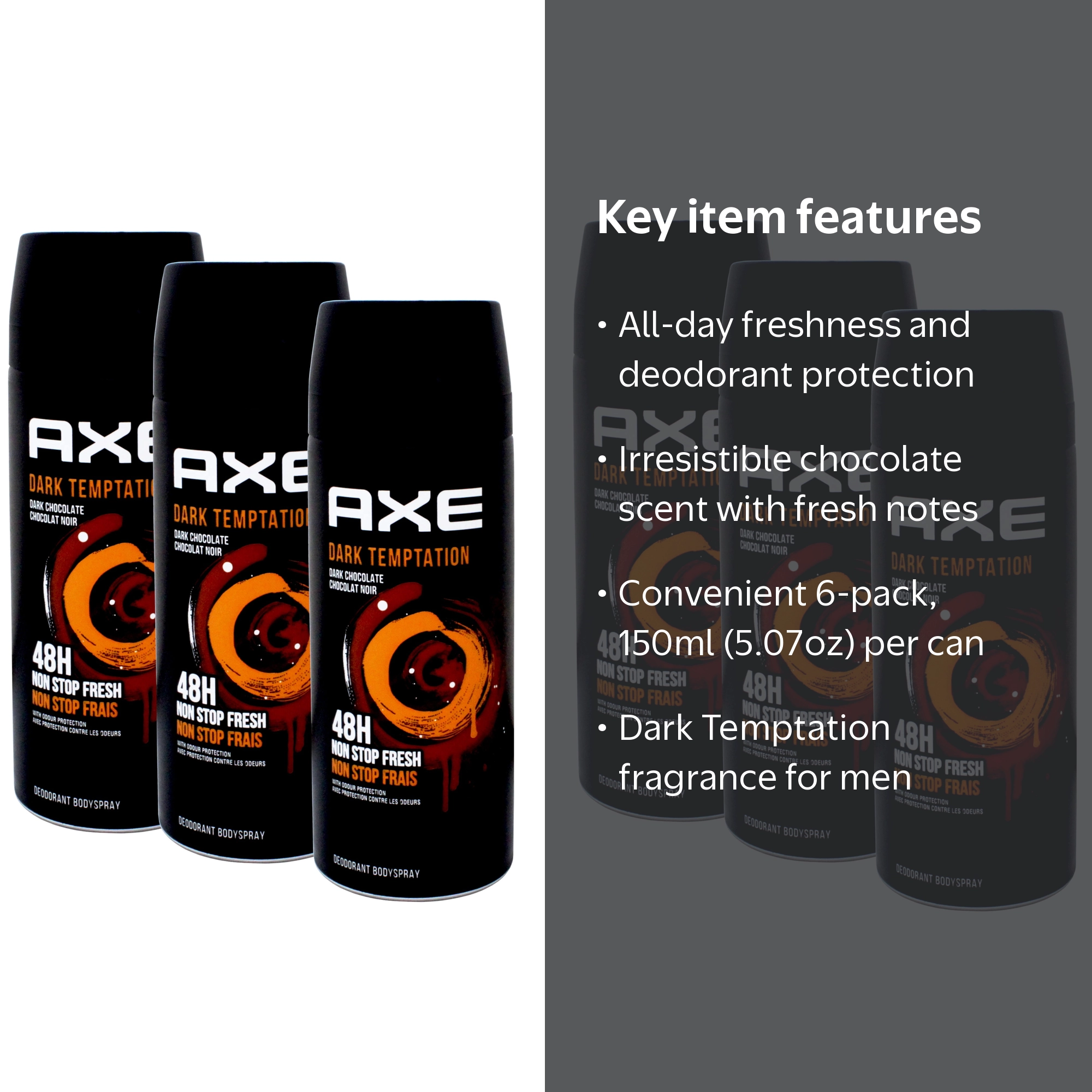 Axe Dark Temptation Deodorant Body Spray without Aluminum, 48h fresh, 5.07 OZ (150 ML)