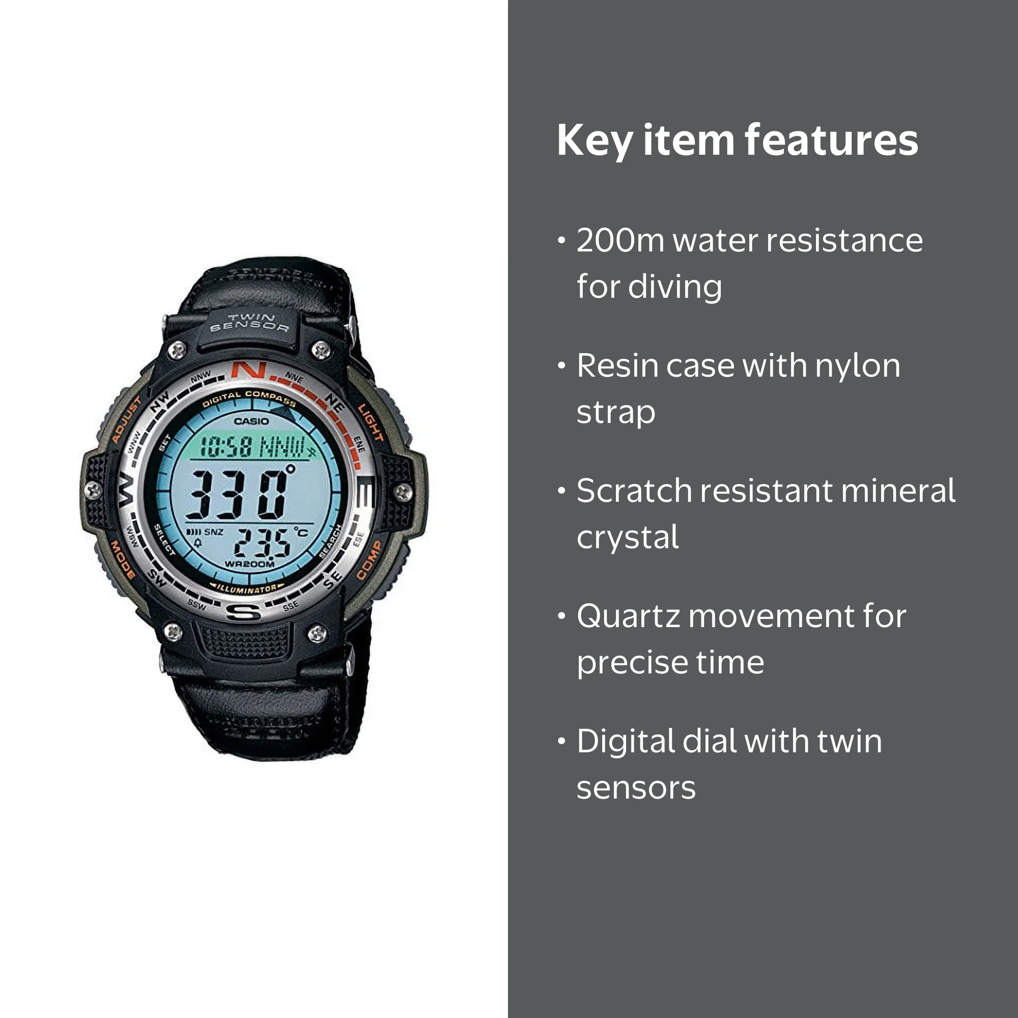 Casio Men's Twin Sensor Digital Nylon Compass Sport Watch, White
