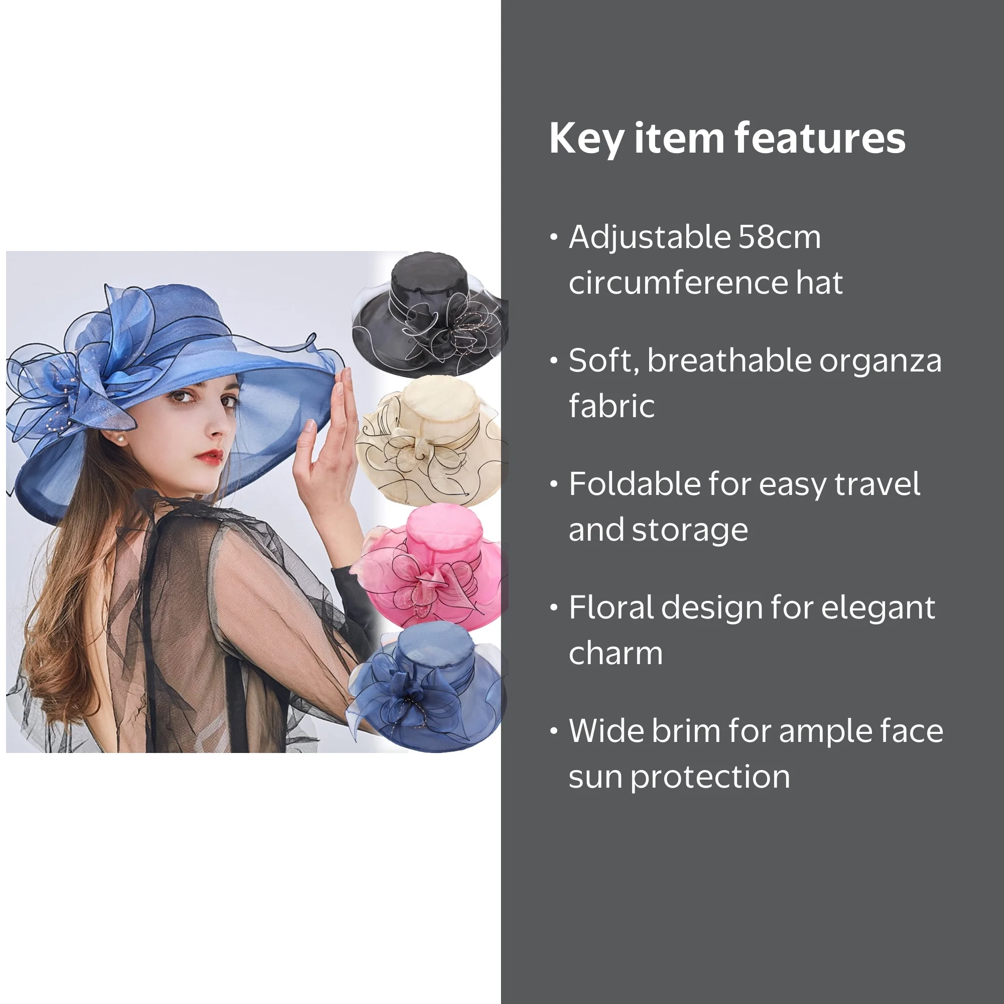 2216 Fashion Flower Kentucky Organza Derby Hat Hats For Women Large Wide Women Organza Church Derby Hat Wide Brim Sun Hats for  main image 2