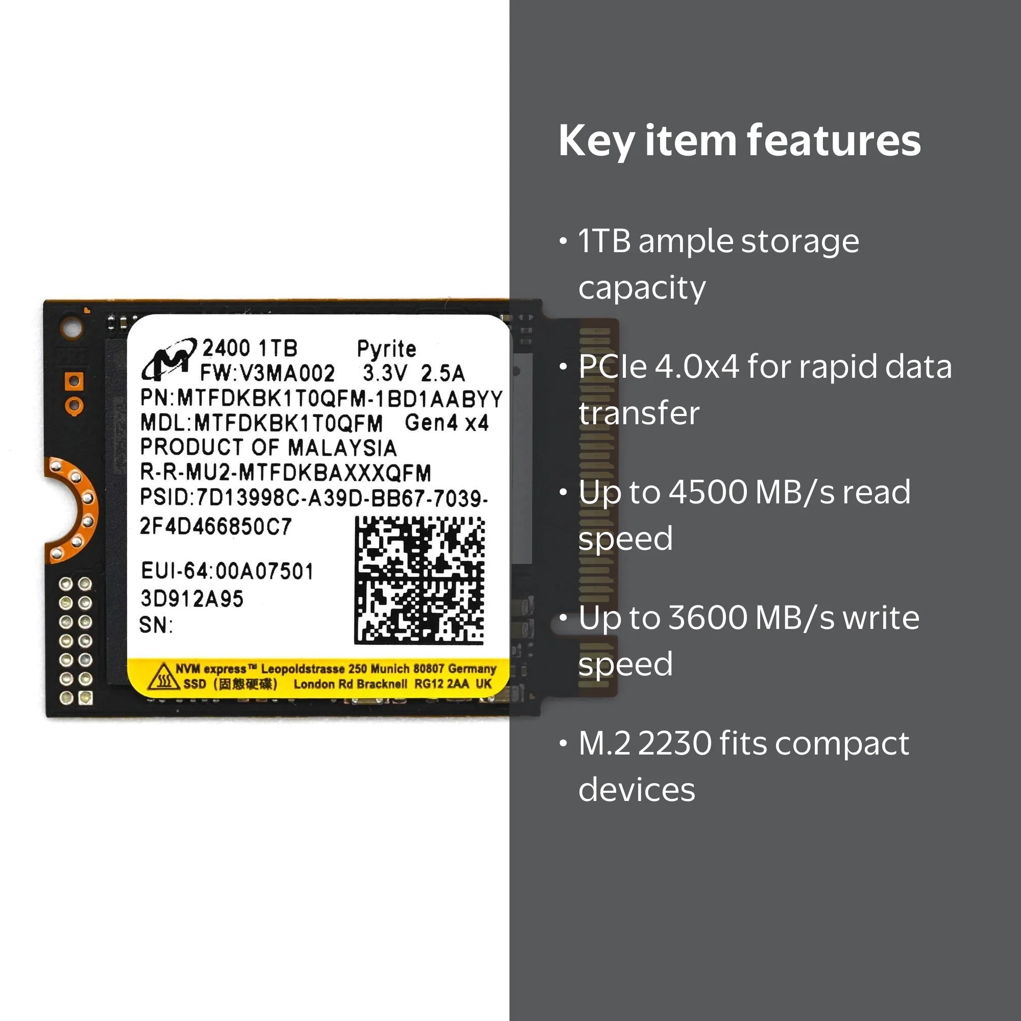 1TB Micron 2400 M.2 2230 NVMe PCIe 4.0x4 SSD MTFDKBK1T0QFM