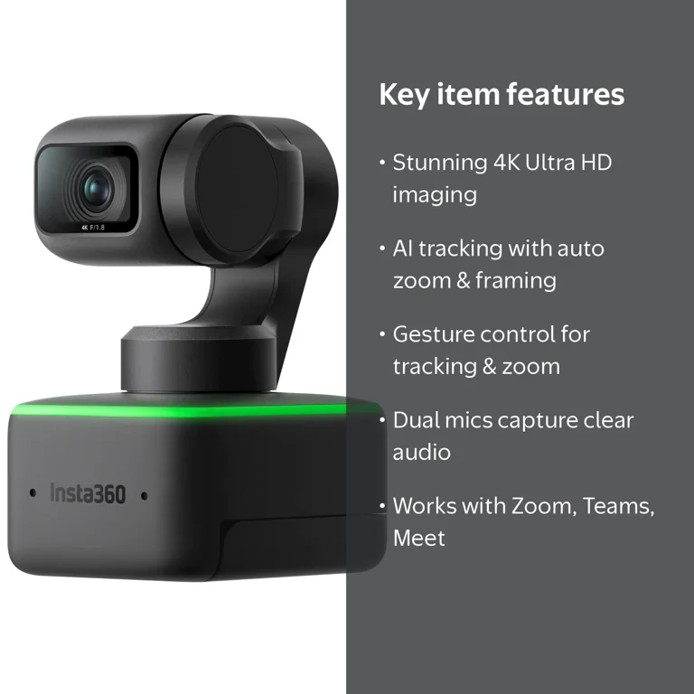 Insta360 Link 4K PTZ Webcam - AI Tracking, Gesture Control, HDR