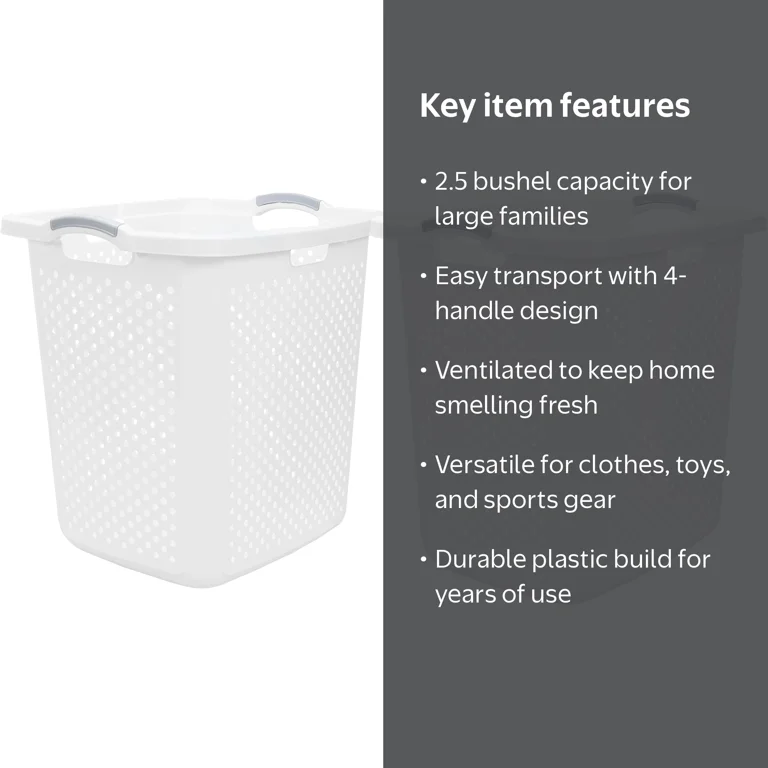 Home Logic 2.5 Bushel XL Lamper Plastic Laundry Basket, White, 2