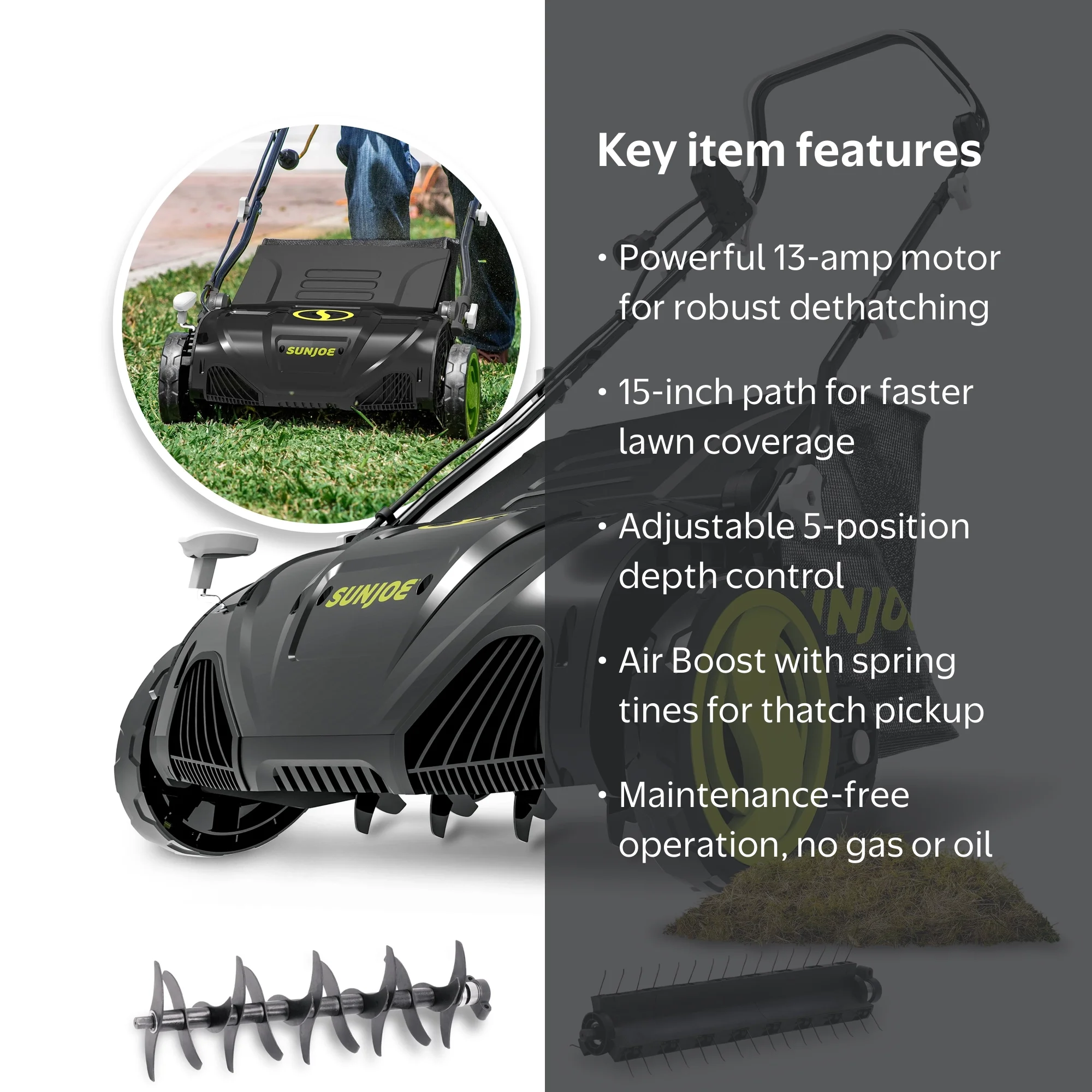 Sun Joe, Electric Lawn Dethatcher + Scarifier, 13-Amp, 15