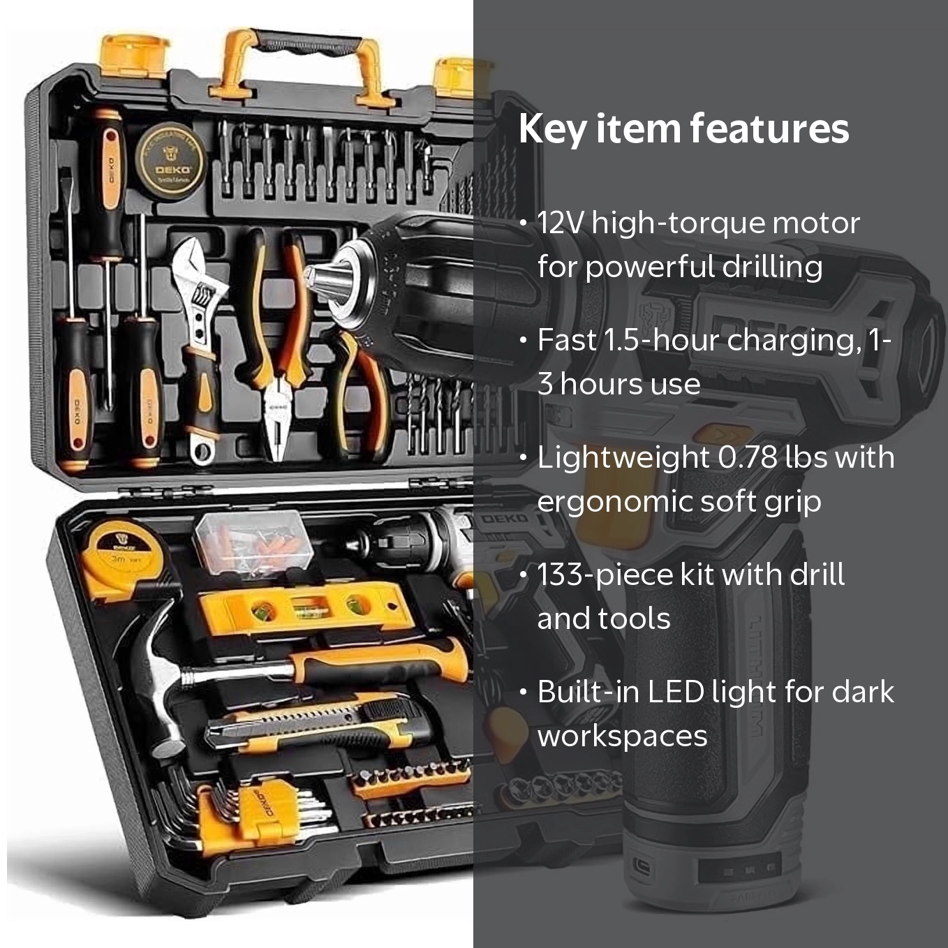 anyone 12デック セット　BOX付き DEKOPRO, Cordless Drill Set, 133 Pieces, Lightweight, Yellow