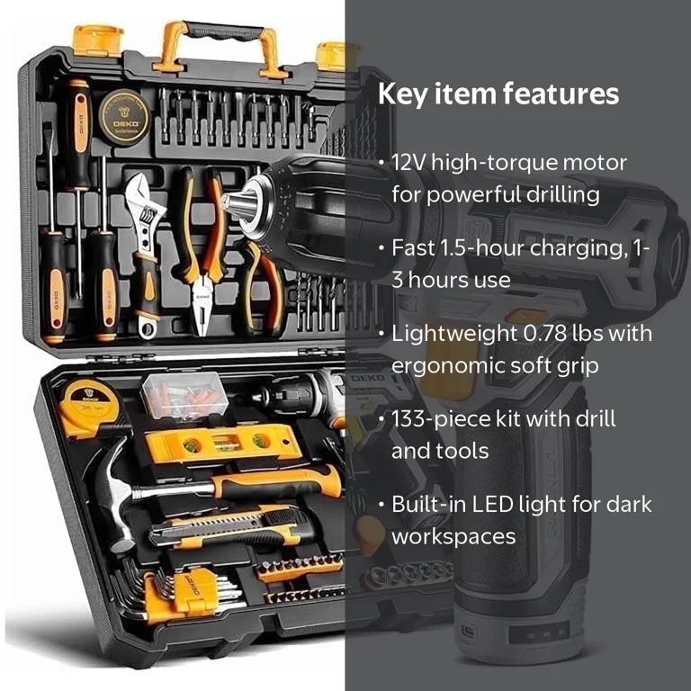DEKOPRO Power Drill Tool Set Kit: Cordless Drill Tool Box With 12V Battery Electric Drill Driver for Home Hand Repair Power Tools Sets Drills Case