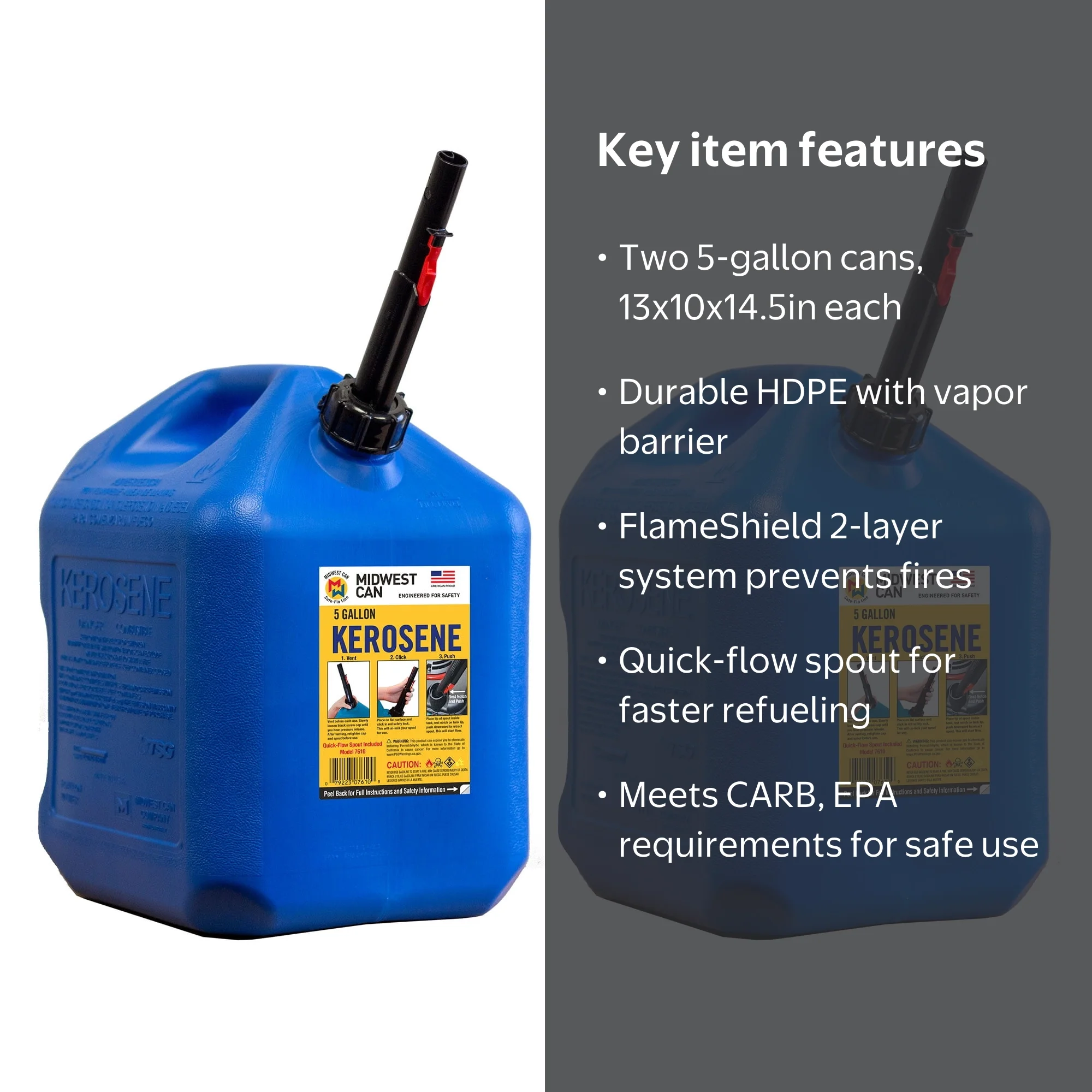Midwest Can Company 5 Gal Fuel Jugs, Kerosene Gas Can Container