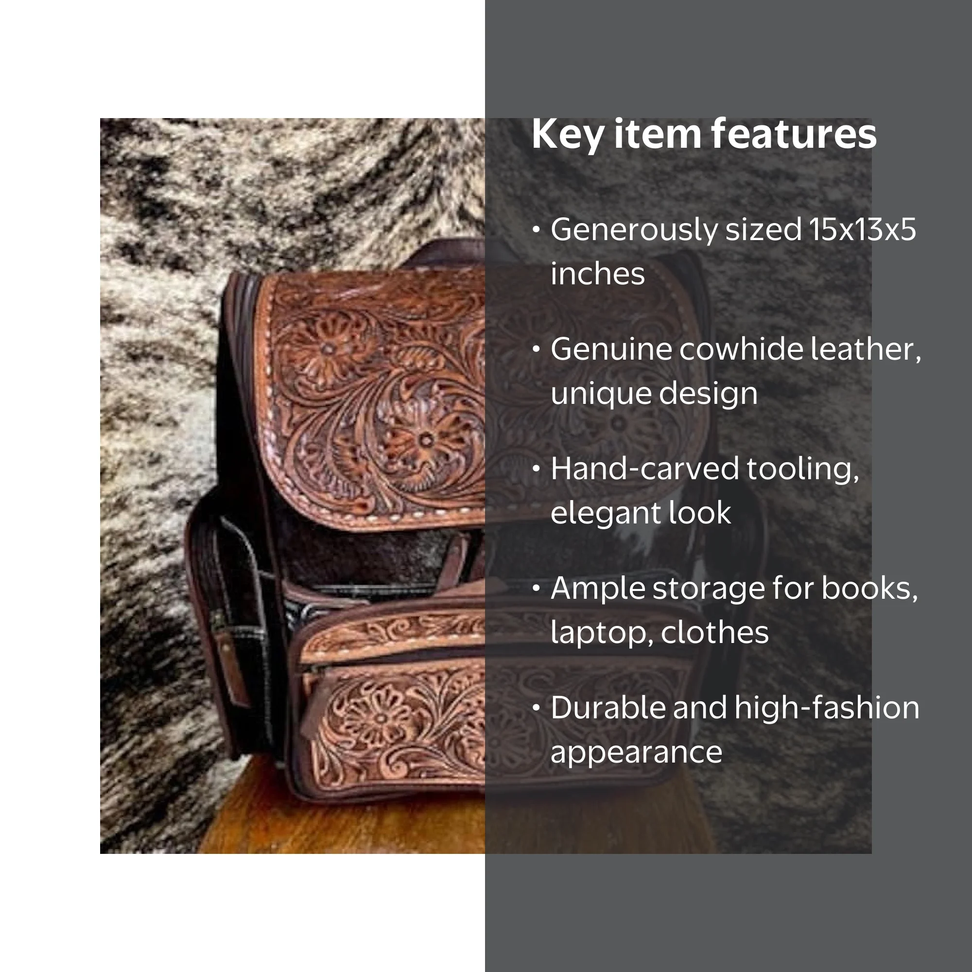 9471 True Westner Western Leather Backpack – Tooled Cowhide Canvas Travel Tooled Hair On Cowhide Backpack | Hair On Cowhide Backpack  main image 3