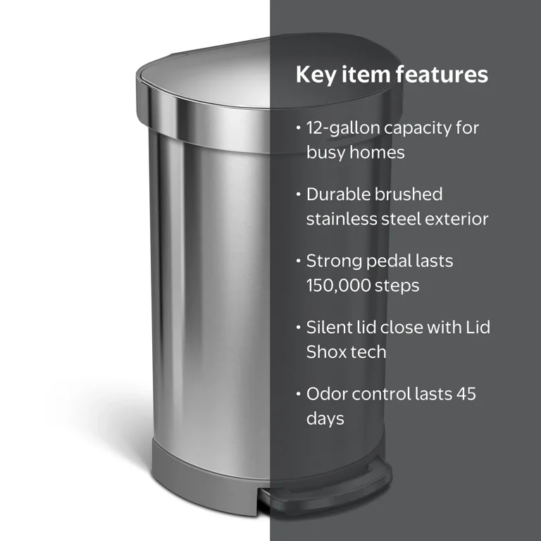 simplehuman, Indoor Step Trash Can, 12 Gal Brushed Stainless Steel
