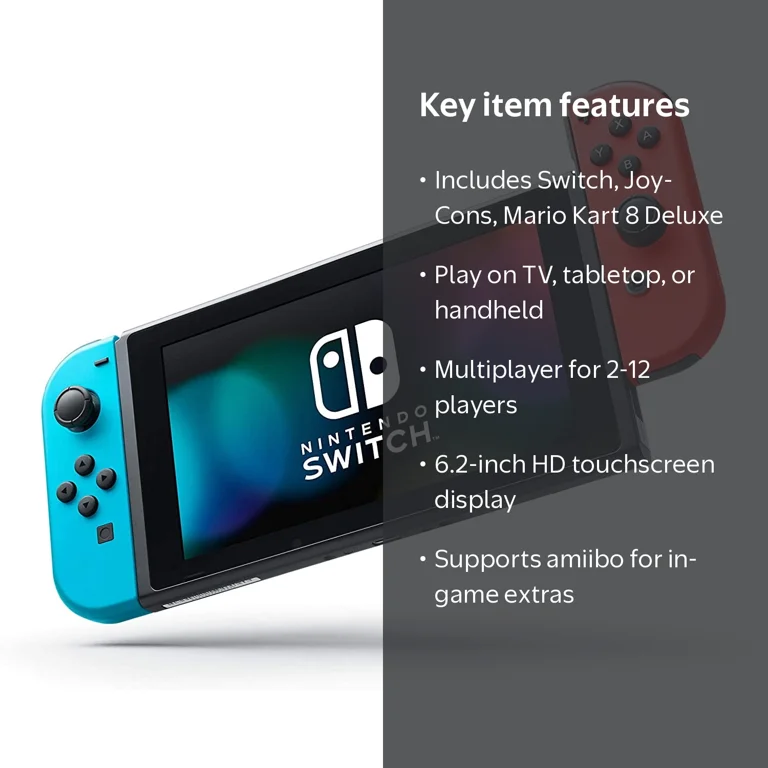 Nintendo Switch Neon Red/Blue JoyCons, Mario Kart 8 Deluxe