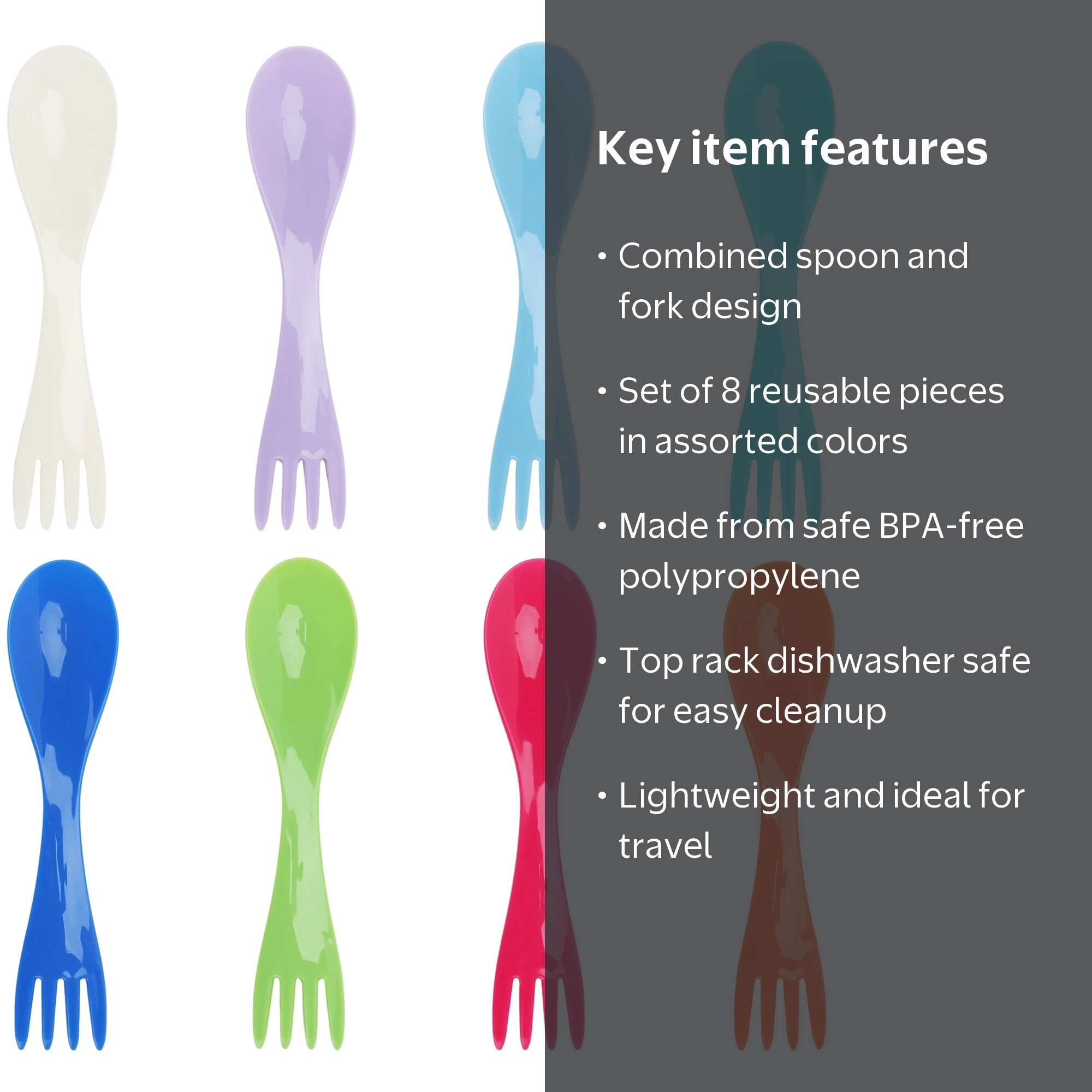 Your Zone 8-Piece Multi-Colored Plastic Spork Set, Reusable