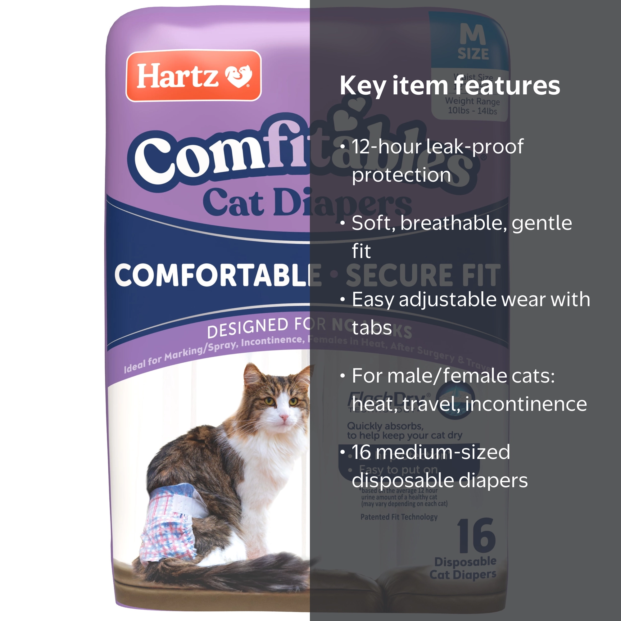 Hartz Comfitables Cat Diaper Medium 16 Count, Adjustable