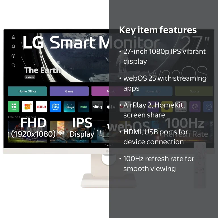 LG 27 inch FHD IPS Smart Monitor with webOS 100Hz, White, 1.8 LG 27 inch FHD IPS Smart Monitor with webOS 100Hz, White, 1.8