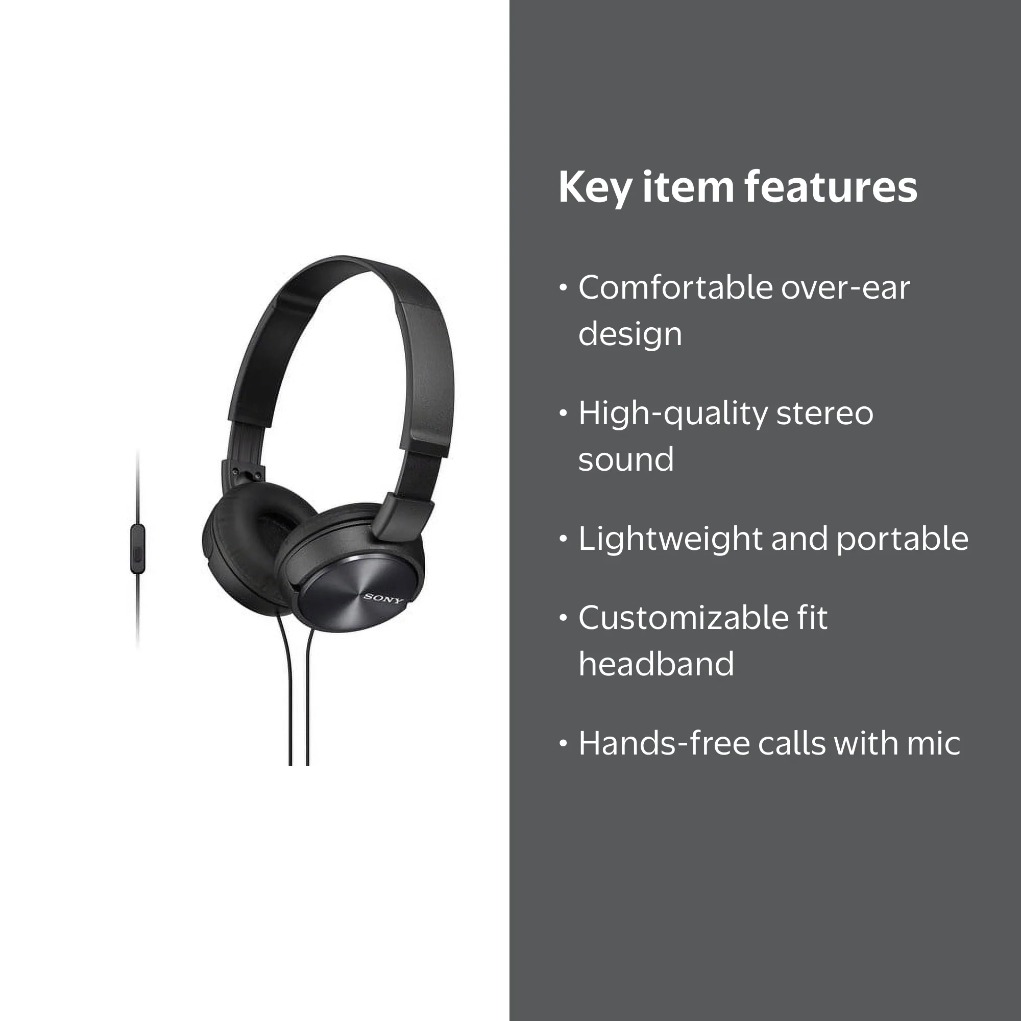 Sony, Over-Ear Stereo Headset, ZX Series, Black, Built-in Mic