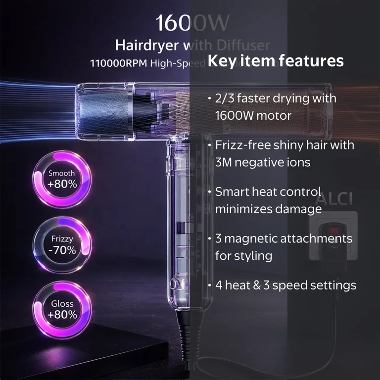 SKIMI Ionic Hair Dryer, 1600W Lightweight Blow Dryer with Diffuser