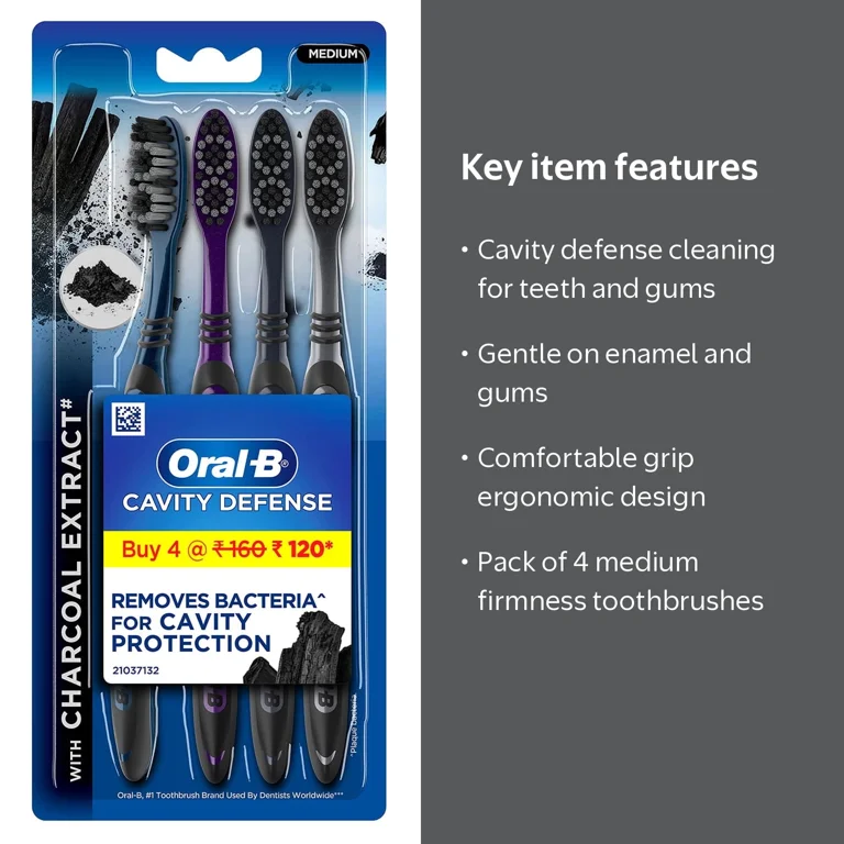 Oral-B, Cavity Defense 123 Black Toothbrush, Medium, 4 Pack