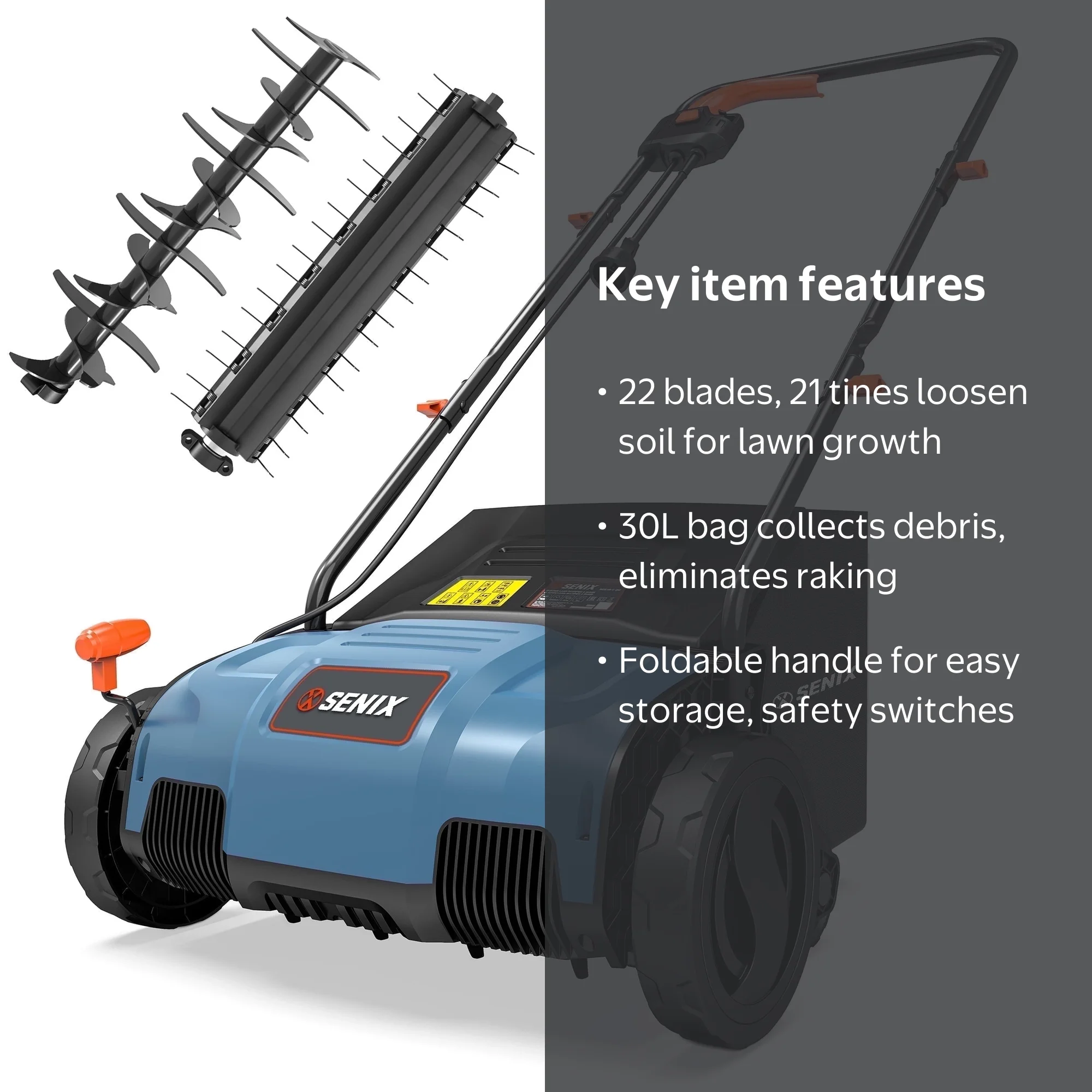 Senix, Corded Dethatcher and Scarifier, 12.6 inches, 12 Amp