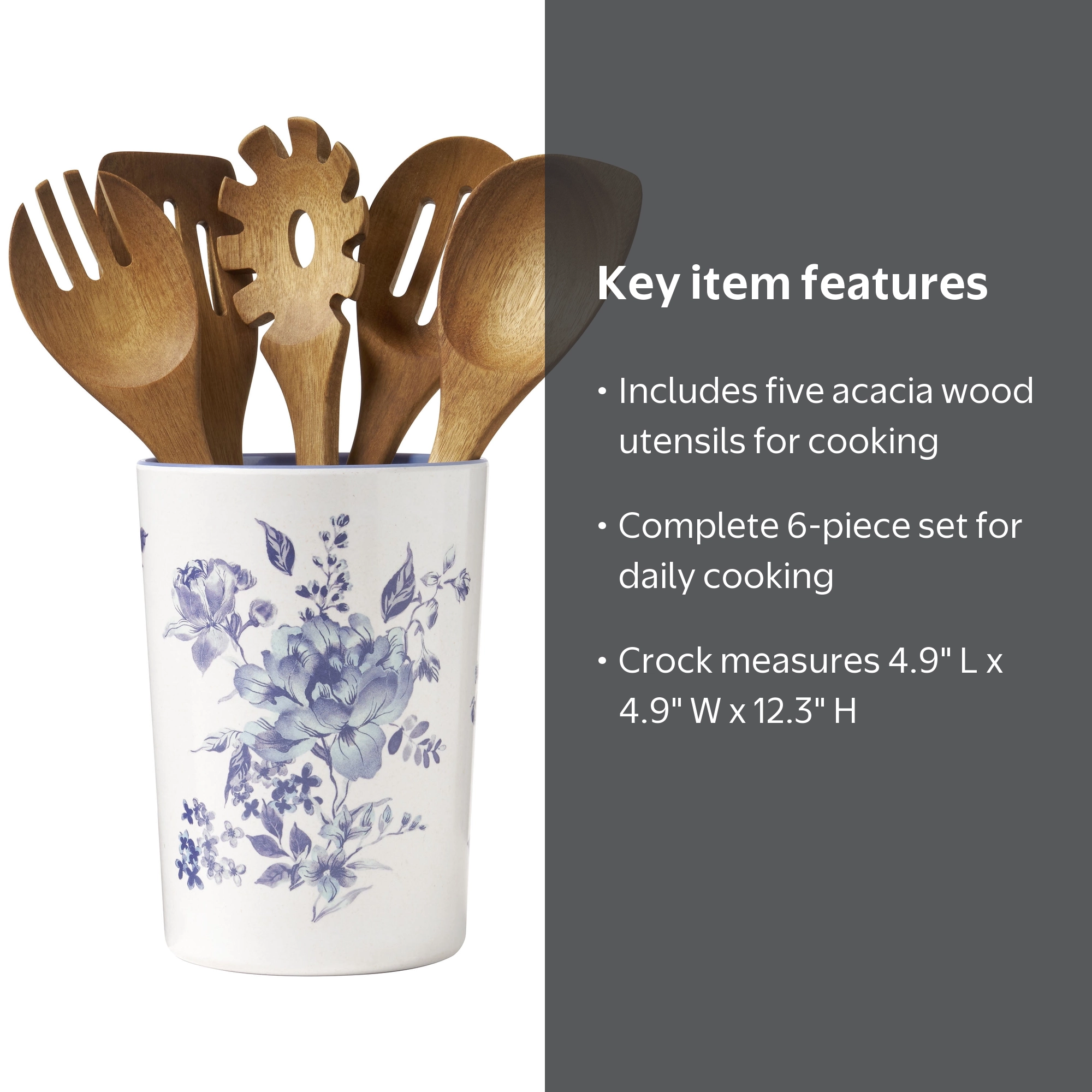 The Pioneer Woman Acacia Wood and Bamboo Melamine Crock Set, Blue