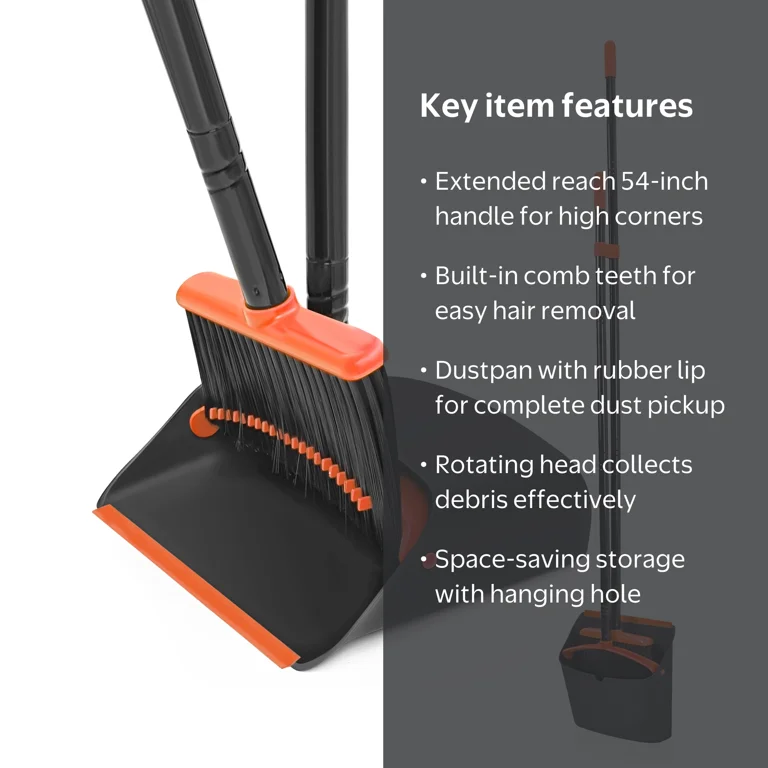 JEHONN, Broom and Dustpan Set, Long Handle Lightweight Orange